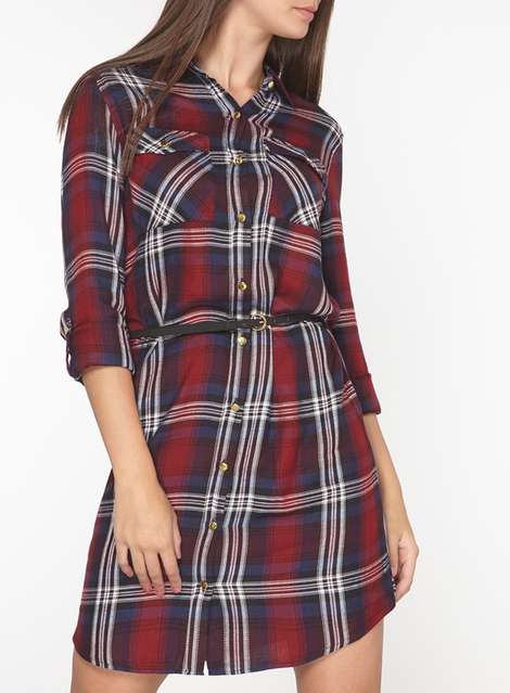 **Tall Red Check Belted Shirt Dress